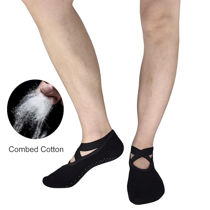 Women’s Non-Slip Grip Yoga Socks – Padded Cotton Pilates, Barre, Ballet, PiYo Floor Socks with Cross Strap Design (IN, Alpha, M, 1, BLACK) - Image 6 thumbnail