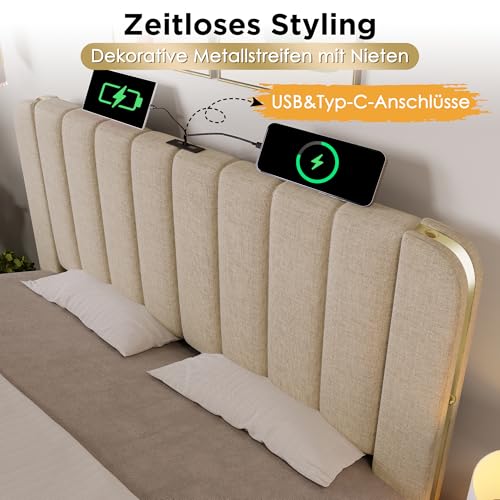 Polsterbett Einzelbett 90x200, Stauraumbett Jugendbett mit 4 Schubladen&USB Typ-C Ladefunktion, Bett Funktionsbett Bettgestell mit Holz Lattenrost&goldenen Zierstreifen Kopfteil, Leinen, Ohne Matratze – Bild 4
