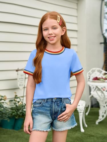Image of Haloumoning Girls Short Sleeve T-Shirts Summer Rainbow Tops 5-14 Years | Kids Basic Tees, Rainbow Trim Ringer Tees, Crewneck Tops, Casual, Loose Fit