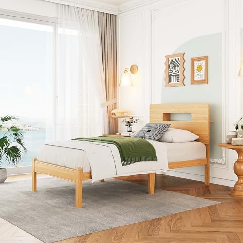 Image of ZIYOO Twin XL Bamboo Bed Frame 14 Inch, Built-in Headboard Storage, Heavy Duty, No Box Spring Needed, Easy Assembly, Noise-Free