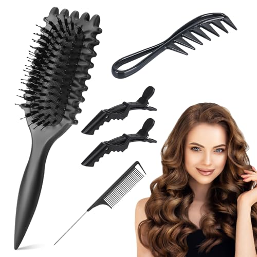 Yeria Kit Cepillos Cabello Rizado 5 Piezas – Método Curly: Cepillo Rizador, Peine Ancho, Peine de Cola y 2 Pinzas – Antitirones, Antifrizz – Unisex Mujeres Hombres Niños (Negro)