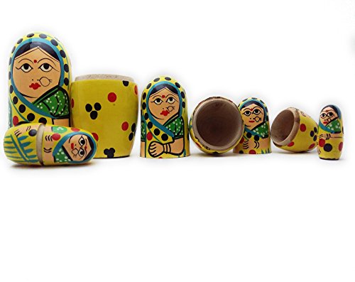 Image of CRAFT HAND Traditional Indian Nesting Wooden Doll /Hand Painted Matryoshka Stacking Dolls- Set of 5 Piece (Lady in Yellow Saree)