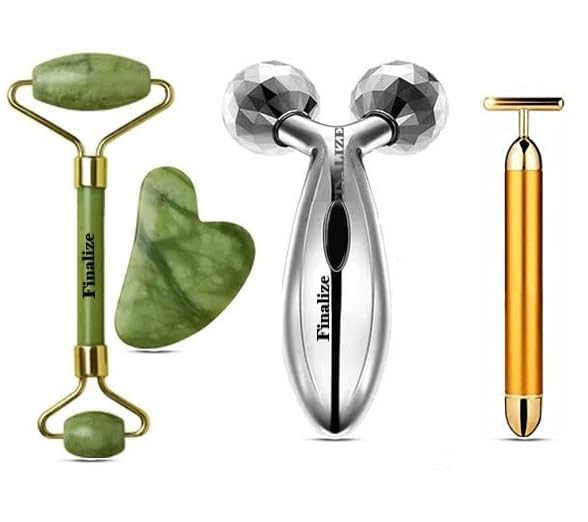 Finalize®3D Manual Roller Face Body Massager With And Anti Aging 100% Natural Jade Stone Roller Msagger With Gua Sha Tools,T Shape Gold Energy Beauty Bar Electric Vibration Facial Massage,for Massager