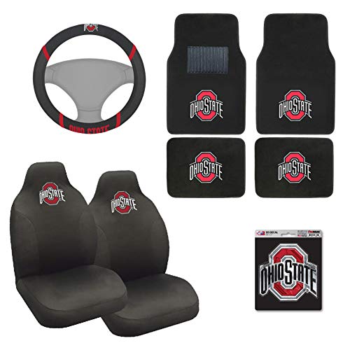 AAC FANMATS NCAA Carpet Floor Mats Bundle with Seat Covers, 3D Decal Sticker and Steering Wheel Cover for Ohio State Buckeyes Fans Officially Licensed(8 Items)