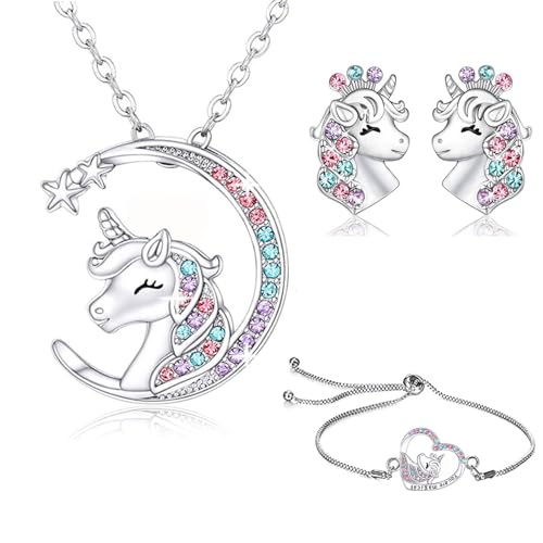 Ensemble de Bijoux Licorne - Collier Pendentif, Bracelet, Boucles d'Oreilles en Argent - Cadeau d'Anniversaire pour Filles