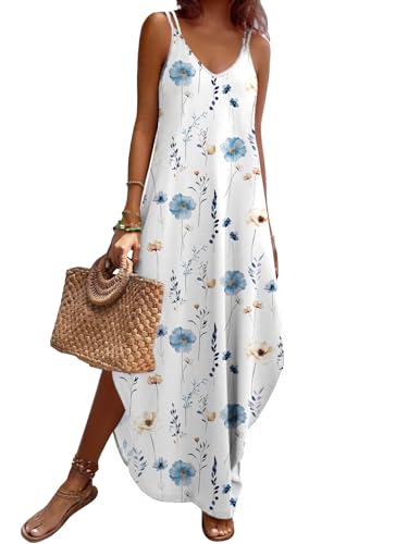 Image of Zeagoo Womens Summer Dress Floral Print V-Neck Sleeveless Dress Beach Vacation Clothes Petite Maxi Dress White Floral XXL