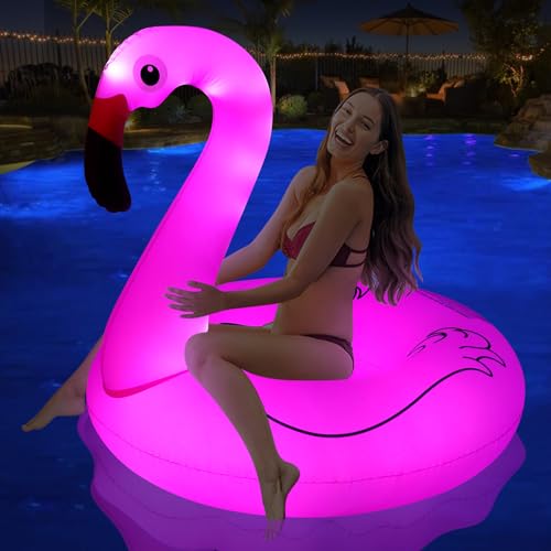 DeeprBling Flamenco Hinchable Piscina con Luz Solar, Flamenco Inflable Anillo De Natación Adulto para Piscina, Flotador Anillo Flamenco Hinchable para Adulto, Flotador Flamenco Gigante (106x106x100cm)