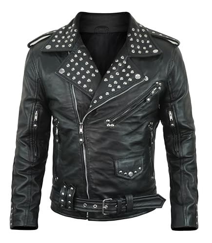 Mens Black Leather Jacket - Asymmetrical Moto Style Real Lambskin Studded Leather Jacket Rock Punk Fashion