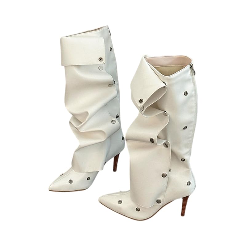 Womens Fold Over Knee High Boots Pointed Toe Stiletto High Heels Slouchy Shark Long Button Boots Back Zip