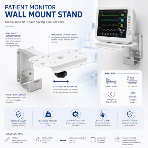 Image of Wall Mount for Patient Monitor | Heavy-Duty Powder-Coated Steel | Adjustable Left & Right Movement with Ergonomic Black Knob | Universal Mounting Tray | Cable Holder | Medical & ICU Use (FRIENDLY)