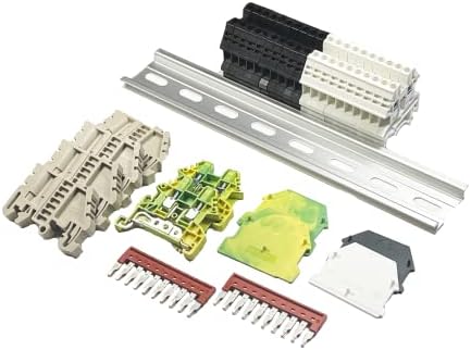 Dinkle UL Listed DIN Rail Terminal Block Kit #1 White/Black Dinkle 20 DK2.5N 12 AWG Gauge 20A 600V Ground DK2.5N-PE Jumper DSS2.5N-10P End Covers End Brackets