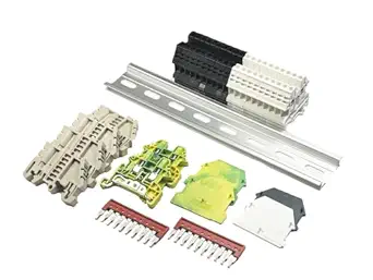 Dinkle UL Listed DIN Rail Terminal Block Kit #1 White/Black Dinkle 20 DK2.5N 12 AWG Gauge 20A 600V Ground DK2.5N-PE Jumper DSS2.5N-10P End Covers End Brackets