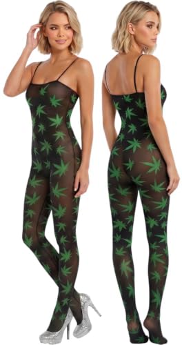 Image of ToBeInStyle Women's Thigh High Stockings Bodystocking Tights Medicinal Cannabis Marijuana Weed Leaf Print Festival Hosiery