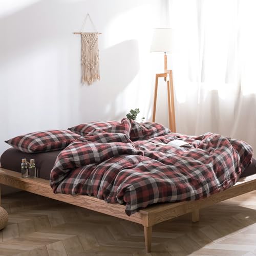 Image of VM VOUGEMARKET Red Gingham Duvet Cover King Muslin Cotton Plaid Bedding Set Soft Breathable Linen Like Gauze Comforter Cover with Zipper Closure for Adults-3 Pieces,104 inchx90 inch