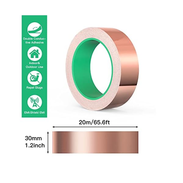 AOKITO Kupferfolie Klebeband, Beidseitig Leitende Kupferfolienband, EMI Kapton Tape, Selbstklebend Abschirmband, Schneckenband Schneckenschutz, Kupferband für Erdung, Löten und Schneckenabwehr etc – Bild 3