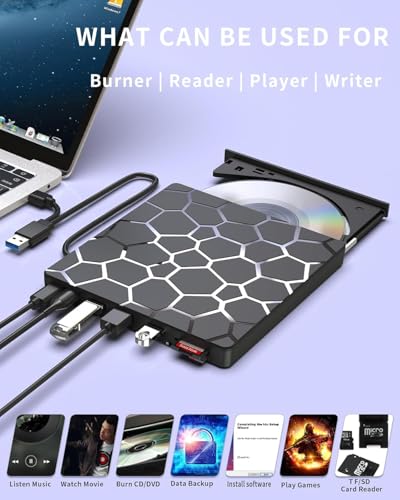 Image of External CD DVD Drive,8 in 1 USB 3.0 and Type-C Disc Reader Writer Burner Player,Slim and Portable CD DVD + /-RW Optical Drive for PC Laptop Desktop MacBook Mac Windows Linux OS Apple