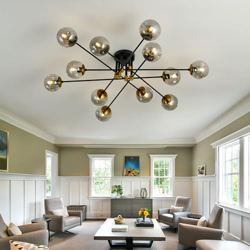Image of 12 Light Glass Globe Ceiling Light Black Mid Century Flush Mount Sputnik Light Fixture Bubble Chandelier for Living Room Farmhouse Dining Room Kitchen Bedroom.