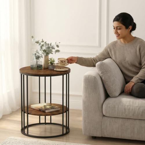 Image of Al Hama Round Coffee Table Sofa Side Accent End Table with Engineered Wood top and Black Metal Frame for Living Room (Black Brown)