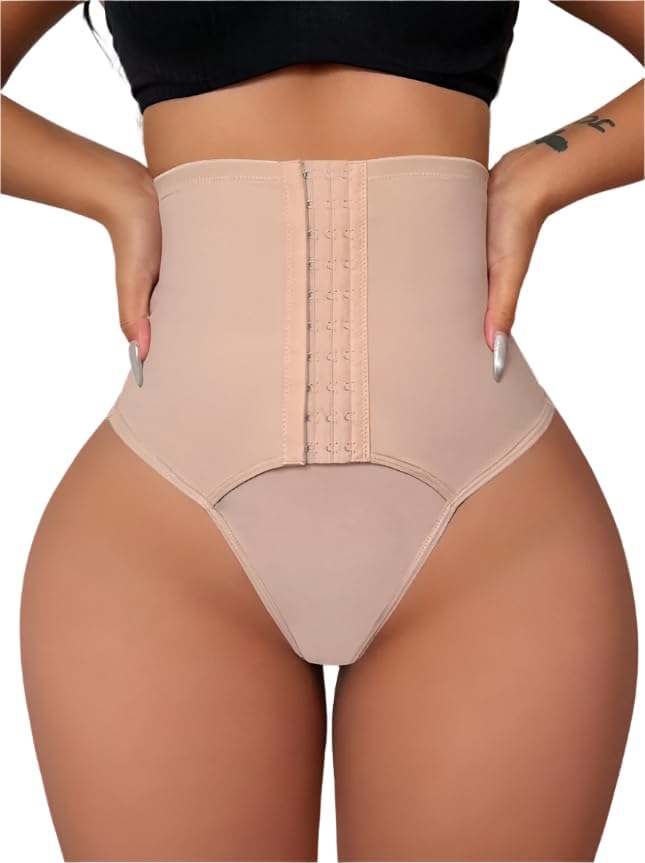 Women's High-Waisted Tummy Control Shapewear Bodysuit - Medium Support Thong Panties with Hook-and-Eye Closure