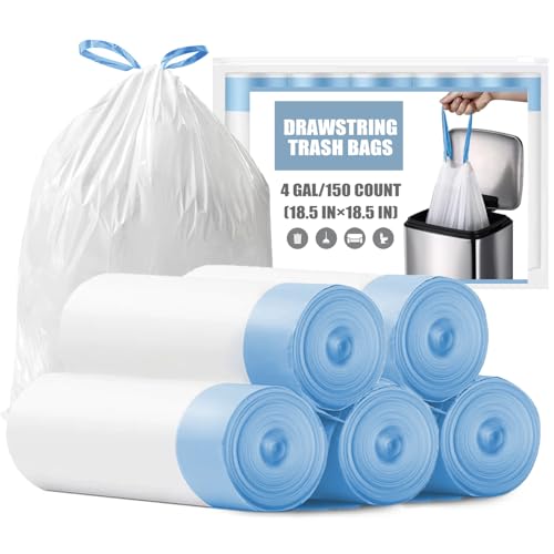 Small Trash Bags 4 Gallon - 150 Count Drawstring 4 Gallon Trash Bag Tear-Free 4 Gal Small Garbage Bags for Office Bedroom Bathroom Trash Bags Unscented White 4 Gal Trash Can Liners