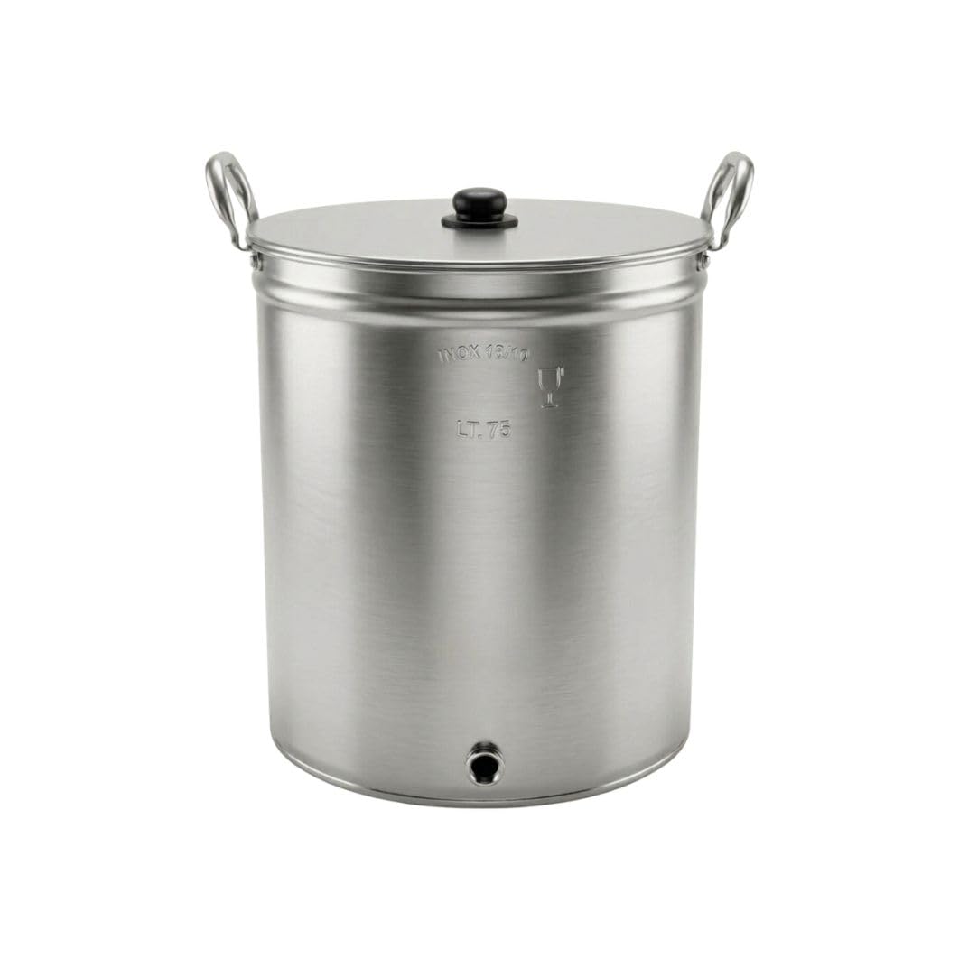 Bollitoio, Pentola INOX 18/10 con Manicotto di Scarico Saldato da 1/2" – Pentola per Conserve, Pomodori,Birra con Fondo Spesso – lt 150 -Qualità Premium Made in Italy-Compreso di Tappo Inox
