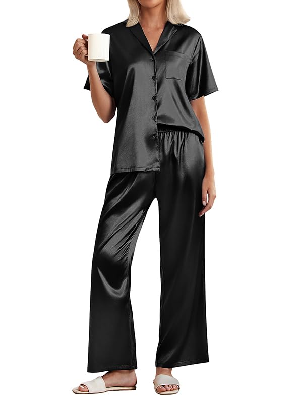 Ekouaer Womens Pajama Sets Silk Satin Pjs Short Sleeve Sleepwear Long Pants Set Button Up 2 Piece Lounge Set,Black,M