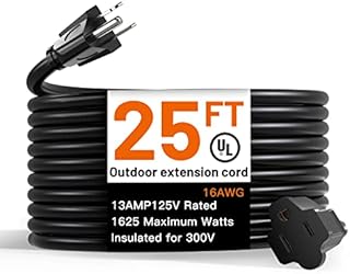 25 Feet Outdoor Extension Cord Waterproof Deep Black 16 AWG 3 Prong, Flexible Long Wires Perfect for Home or Office Use, UL Listed