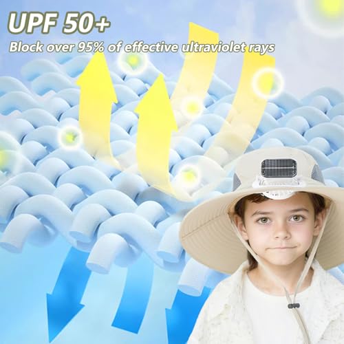 Solar Fan Hat for Kids, Rechargeable Wide Brim Sun Hat with Fan, UV Protection Comforable & Breathable Cap with Windproof Rope for Camping, Picnics, Sports Event, Hats Khaki2