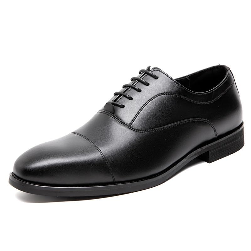 Formal Dress Shoes for Men Lace Up Square Toe Genuine Leather Cap Toe Oxford Shoes Non Slip Block Heel Rubber Sole Slip Resistant Anti-Slip Business