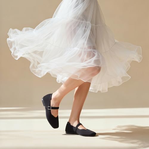Image of CELNEPHO Flats for Women Mary Jane Shoes Casual Ballet Knit Flats Square Toe with Ankle Strap Dressy Comfortable Office Shoes