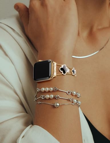CTYBB Bling Diamond Band Compatible with Apple Watch Bands for Women 40mm 41mm 38mm 42mm Series 11 10 9 8 7 6 5 4 SE 3 2 1, Sparkle Metal Bracelet Wristband, Cute Lucky Clover Dressy iWatch Band,Gold/Black - Image 6