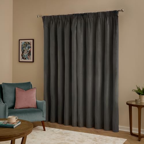 furn. The Ultimate Velvet Blackout Pencil Pleat Curtain Pair – Soft Stylish Light Blocking Thermal Matte Velvet Drapes (Charcoal - 168x137cm) - Image 3