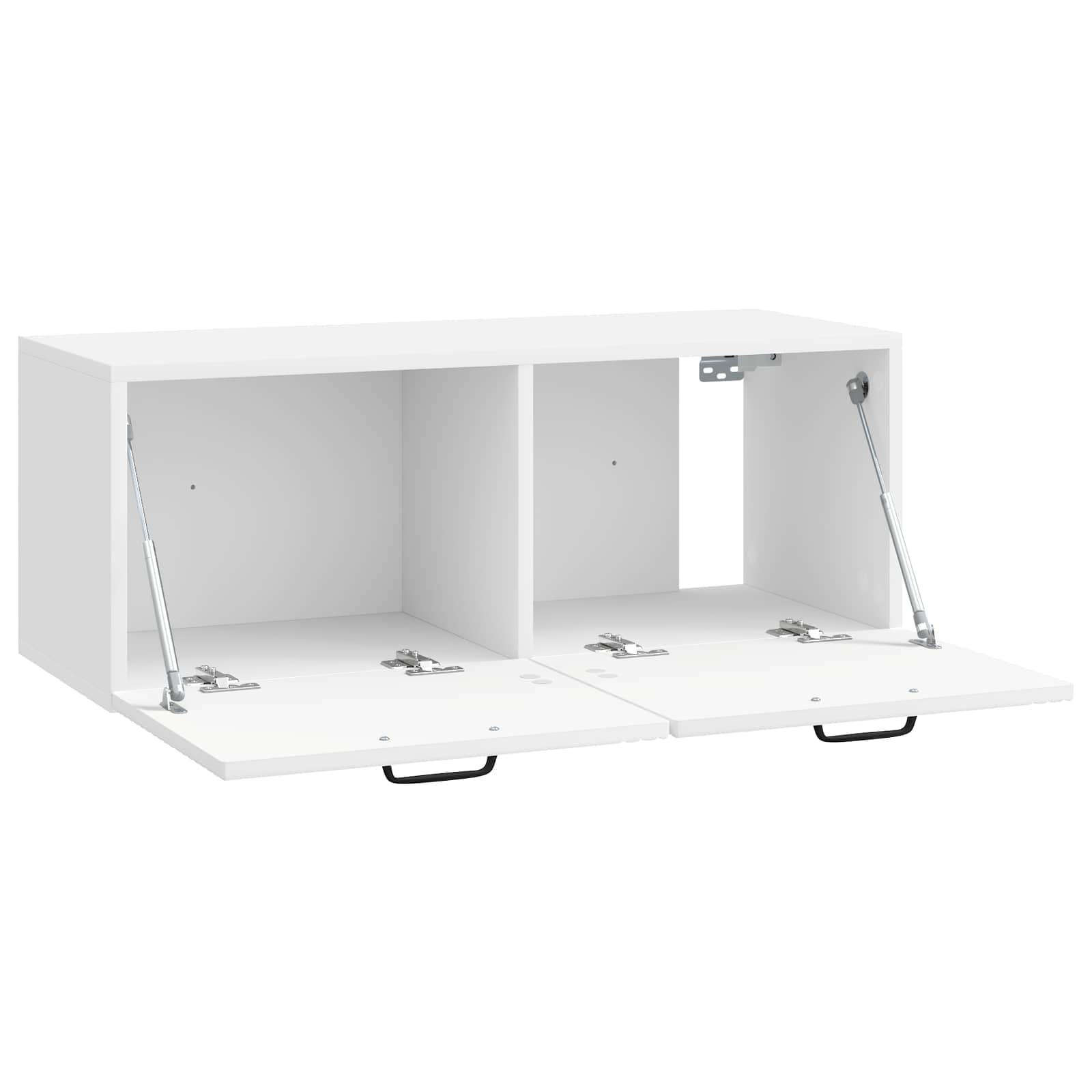 Szafka TV montowana na ścianie, wysoki połysk, biała, 78,5 x 31 x 30 cm, materiał drewnopochodny, zajmuje mało miejsca, z miejscem do przechowywania i 2 drzwiami uchylnymi, wisząca do salonu