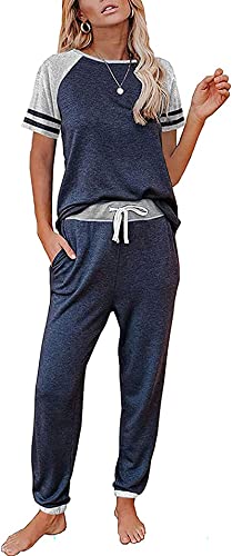 PRETTYGARDEN Women's Two Piece Outfits Jogger Sets Striped Short Sleeve Pullover and Long Pants Tracksuit Pajama Lounge Set(Dark Blue,Large)