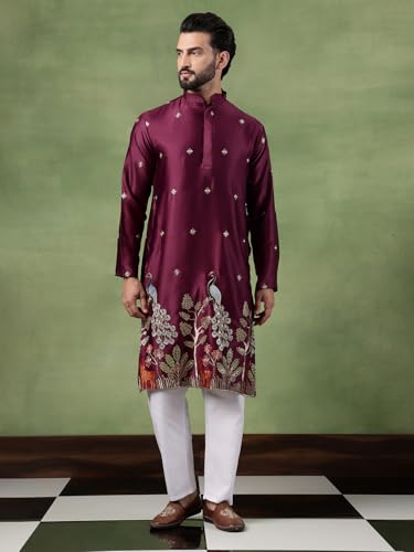 Image of SOJANYA (Since 1958 Men's Cotton Silk Flora & Fauna Embroidered Long Kurta