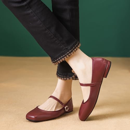 Women's Vintage Leather Flat Mary Jane Shoes,Fashion Square Toe Casual Slip-on Ballet Flats,Comfortable Non-Slip Party Wedding Dress Shoes4