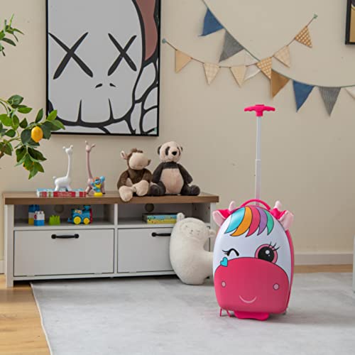 HONEY JOY Kids Luggage, 16” Children Rolling Suitcase w/Light-up Wheels & Telescopic Handle, Hard Shell Lightweight Travel Luggage for Toddlers, Carry On Luggage with Wheels for Boy Girl(Pink Unicorn)2