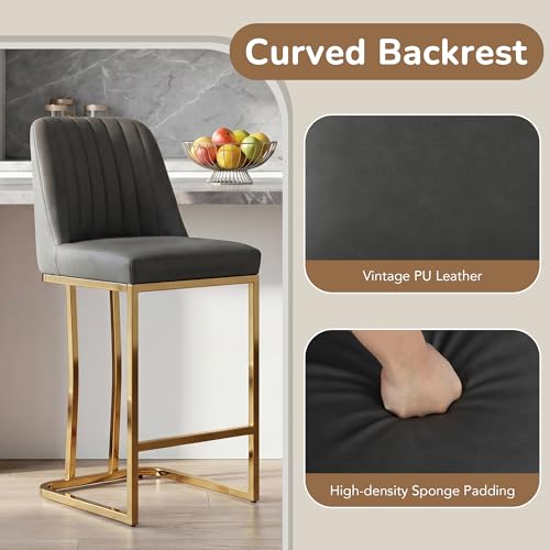 Image of LSSBOUGHT Counter Height Bar Stools Set of 4, Gray Counter Stools with Back and Gold Metal Frame,Modern Barstools with Footrest, Upholstered Pu Bar Chairs for Kitchen Island(4pcs,Dark Gray)