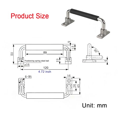 Image of 304 Stainless Steel Folding Handle 90 Degree Folding Solid Pull with Rubber, Electric Cabinet Pull Industrial Cabinet Handle, Toolbox Handle (Four Hole, Hole Center 4.72 in)