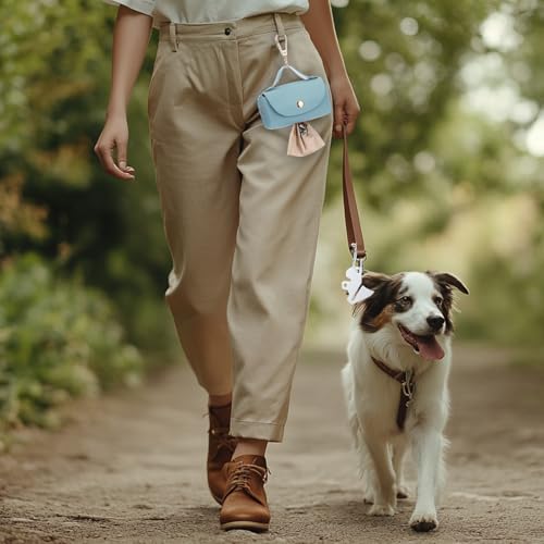 Image of Affrolling 5 Pcs Leather Dog Poop Bag Holder Christmas Include 45 Scented Poop Bags Dispenser Cute for Travel Walking Dog Park and Outdoor Use(Sky Blue)