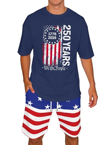 Image of Ithalt Patriotic Shirts for Men 4th of July Outfit 2 Piece Set Short Sleeve and Shorts American Flag 250th Anniversary