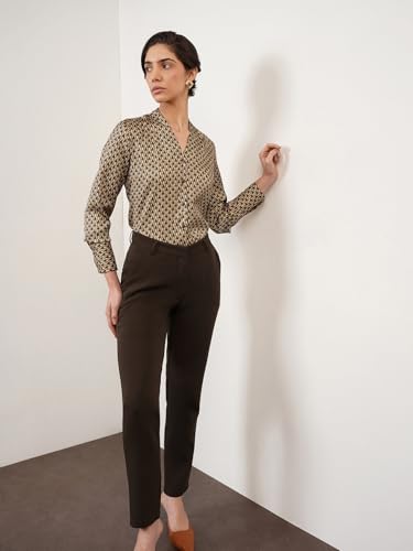Image of FableStreet Women Formal Shirt | Relaxed Fit V-Neck Polka Dot Pattern with Pleated Detailing | Satin Fabric for Business Casual
