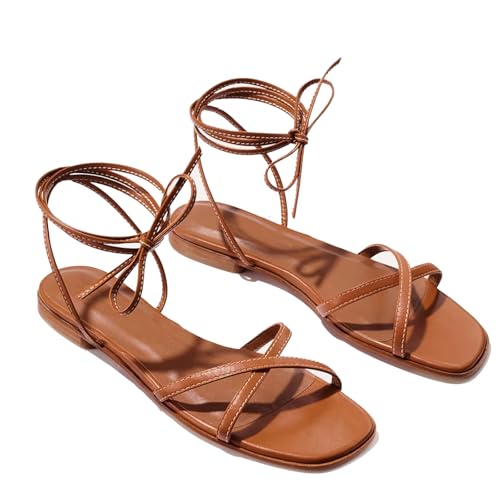 Strappy Flats Sandals for Women Summer Gladiator Lace Up Flat Sandals Open Square Toe Casual Beach Slides Sandals