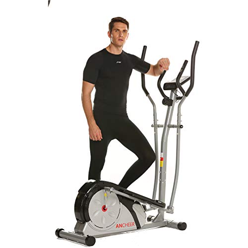 ANCHEER Magnetic Elliptical Machine, Fitness Compact Ellptical Machine with Digital Monior, 8 Level Resistance, LCD Heart Rate Sensor for Home Use (Silver)