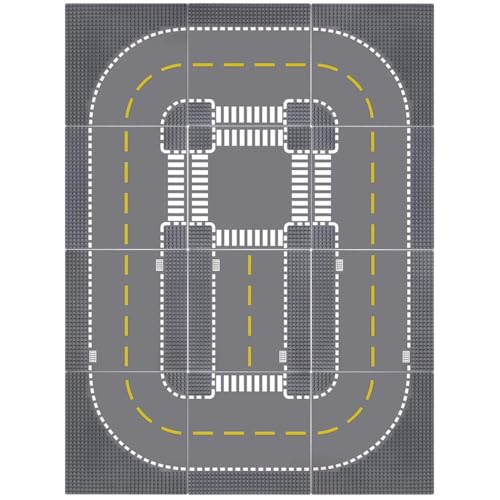 Lekebaby Lot de 12 Plaques de Base City Route 25x25 CM, Plaque de Construction Ville 32x32 Picots, Compatible avec Diverses Marques, 4 Courbes, 4 Type T, 3...
