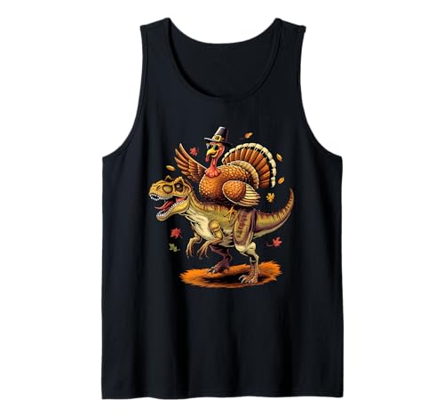 Dinosaurio Trex montando en pavo, divertido Día de Acción de Gracias para niños y hombres Camiseta sin Mangas