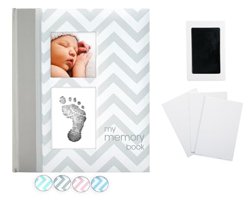 Image of Pearhead Baby Memory Book, First 5 Years Baby Milestone Book, Pregnancy Journal, Newborn Baby Girl or Baby Boy Keepsake, With Clean-Touch Ink Pad For Baby's Handprint or Footprint, Gray Chevron