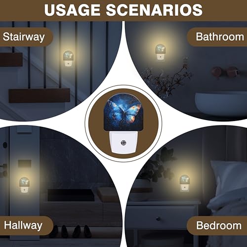 Image of Night Lights Plug into Wall Blue Butterfly with Stars Night Light Dusk to Dawn Smart Sensor Decorative Round Led Lamp for Bedroom Kitchen Hallway Nightlight for Women Men