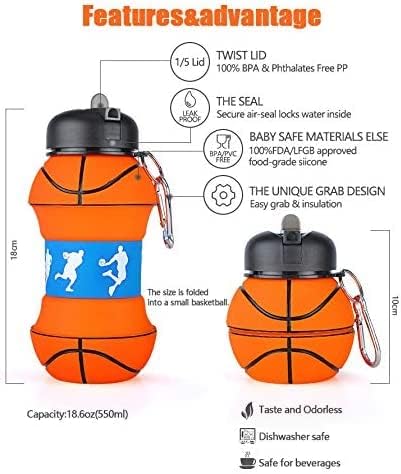Kids Water Bottle, 19oz Water Bottle, Toddler Water Bottle with Carabiner, Clip-On Basketball Shape Silicone Sports Water Jug, for School, Travel, Birthday Gifts for Boys and Girls