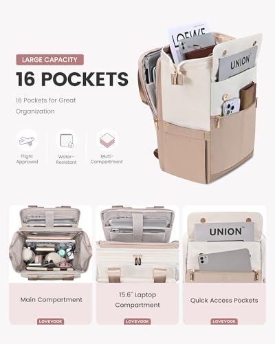 Image of LOVEVOOK Laptop Backpack for Women with Giant Tumbler Holder, 15.6 Inch Work Laptop Bag with USB Port, Fashion Teacher Nurse Backpack Purse, Waterproof Travel Computer Backpack, 2PCS, Beige-Khaki